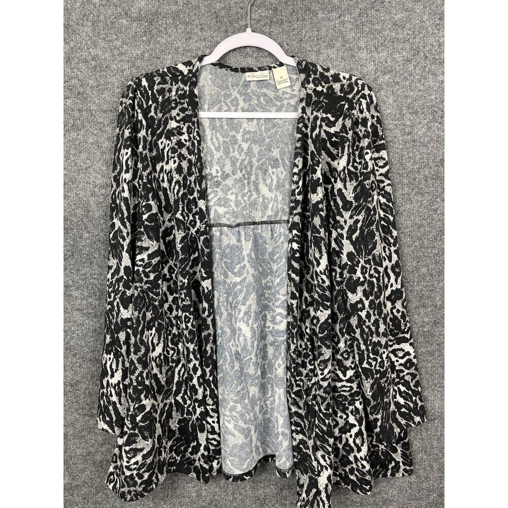 Kim Rogers Open Cardigan Sz 2X Animal Print Black White Sinched Back Long Sleeve